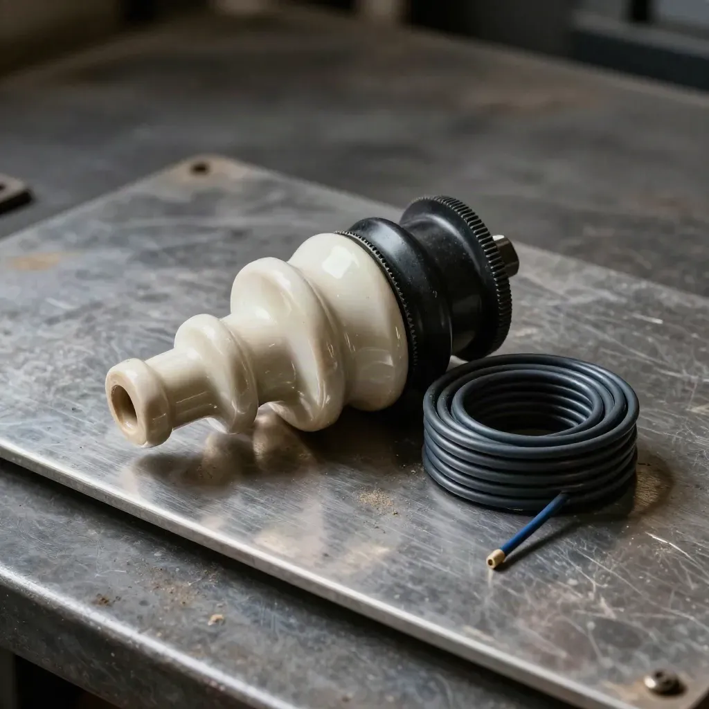 Ceramic insulator, cable gland, and wire coil on a brushed steel plate with workshop dust