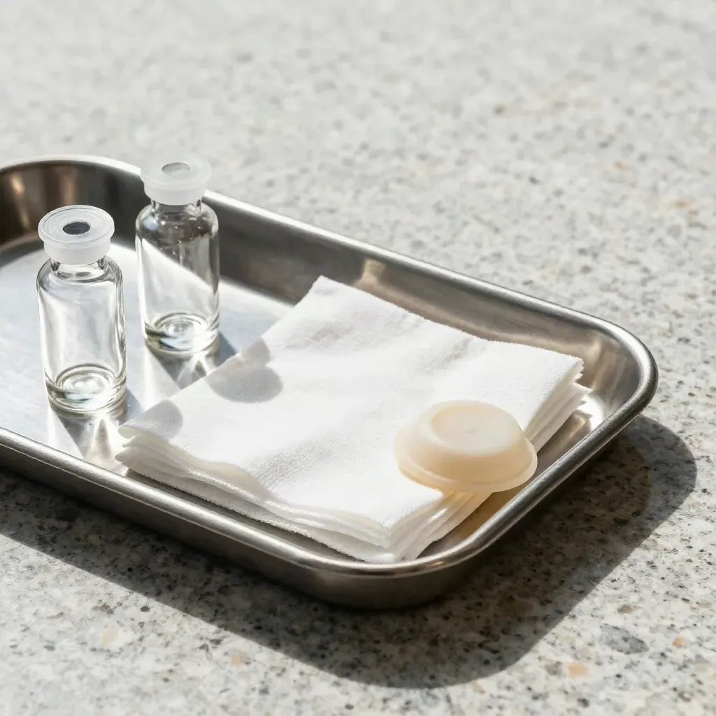 Clinical tray with vials, gauze, and rubber seal on stone under soft light.