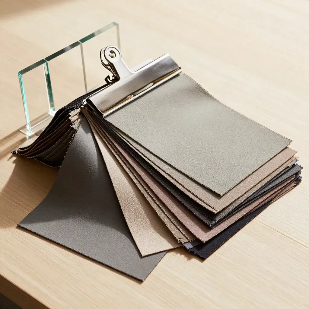 Fabric swatches, zinc clip and acrylic risers on pale wood in a retail color check