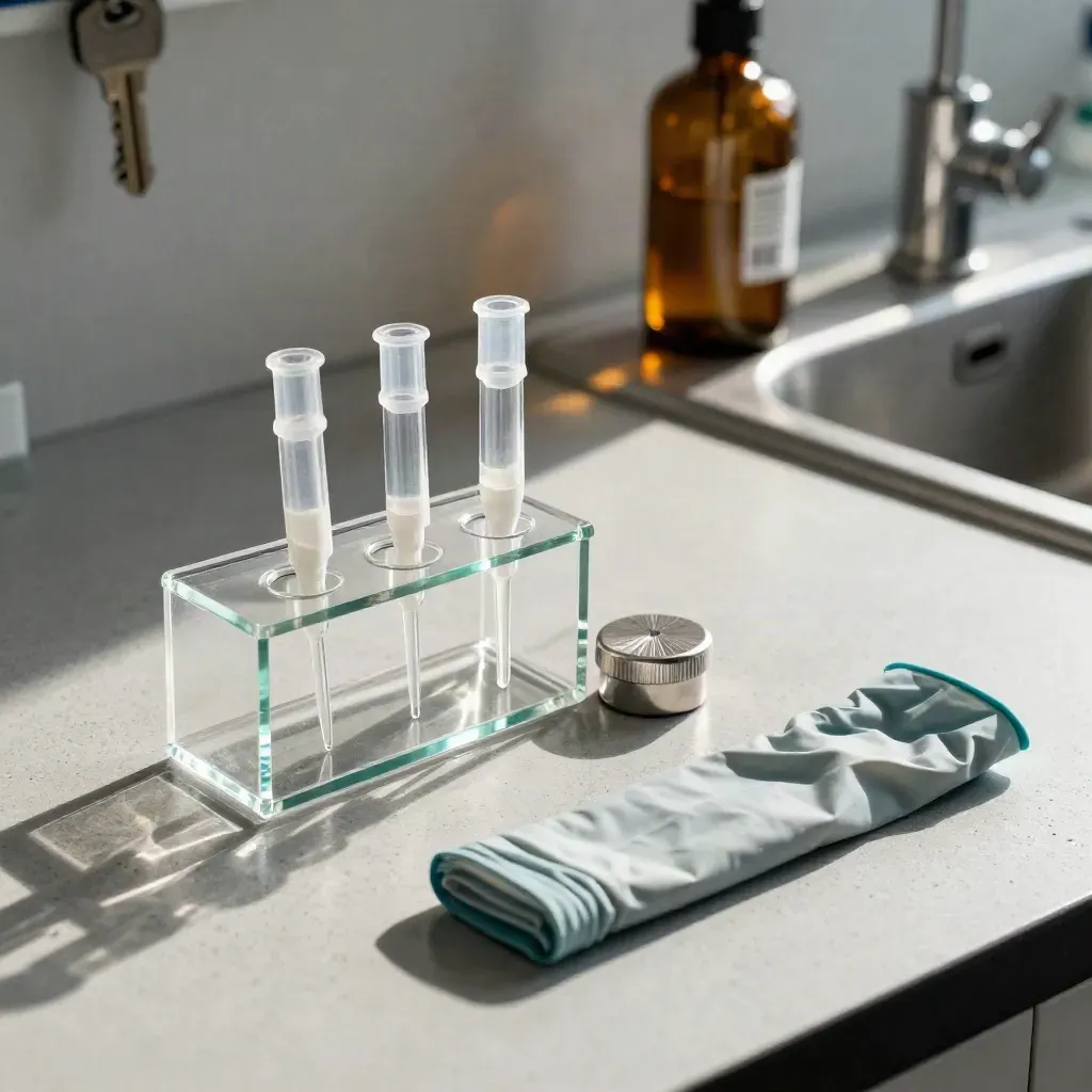 Glass lab rack with pipette tips, vial cap and teal nitrile sleeve on pale concrete in hard light.