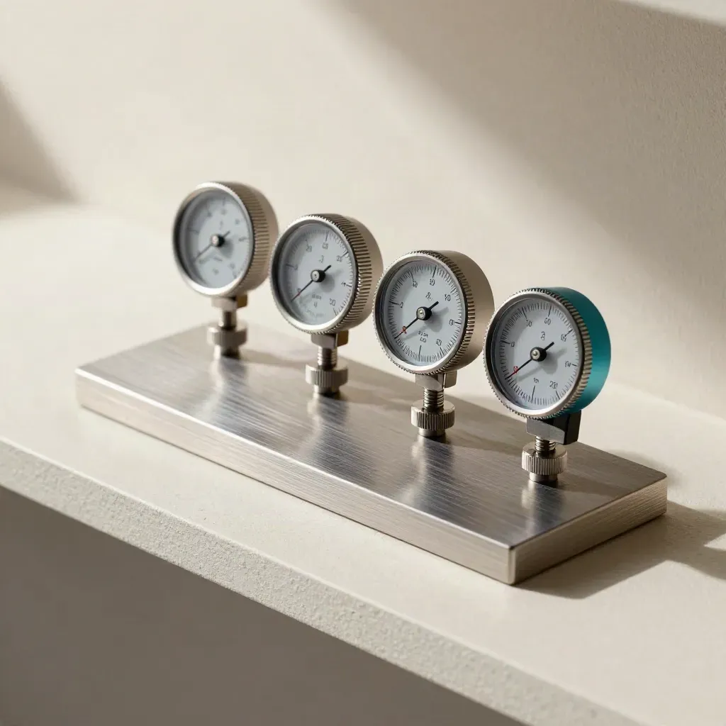 Four miniature dial gauges on brushed aluminum, needles mid-set on a pale plaster shelf.