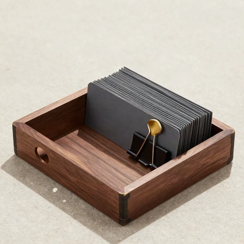 Walnut archive card tray with binder clips, brass tab, and one empty slot on pale stone.