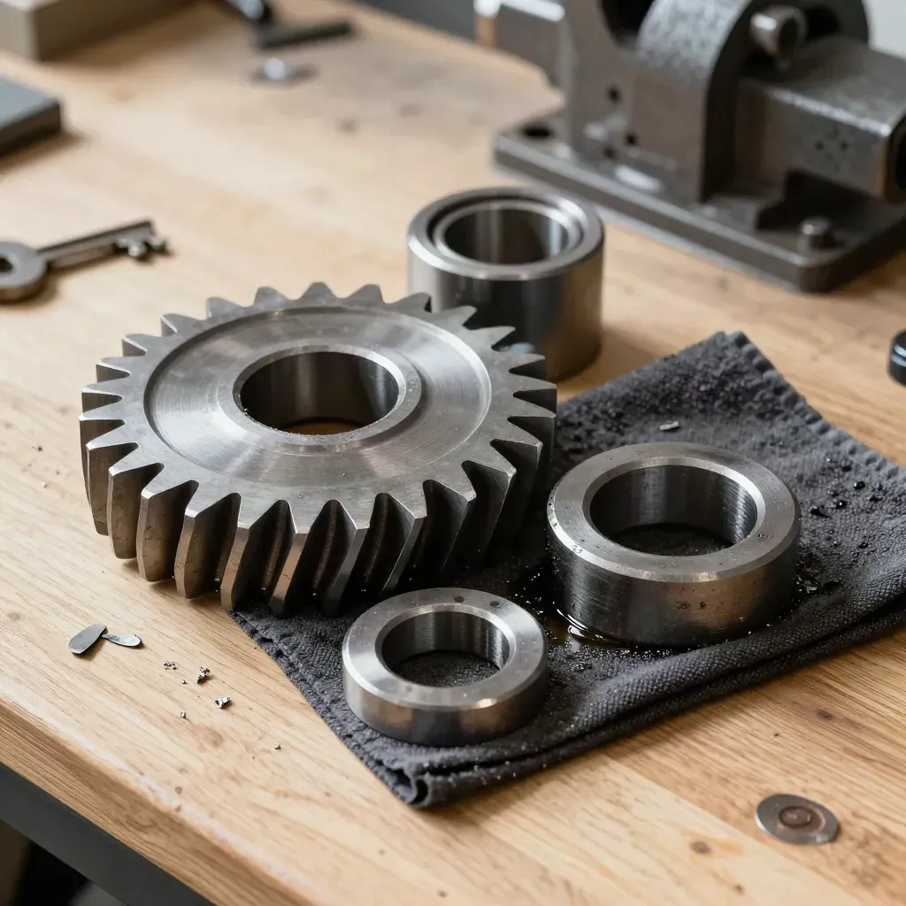 Forged steel gear blank and spacer rings on a pale oak bench with workshop haze
