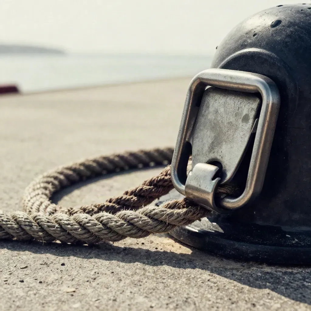 Macro of a dock seal, coiled rope, and tightened ratchet buckle on salted concrete in slate-grey light.