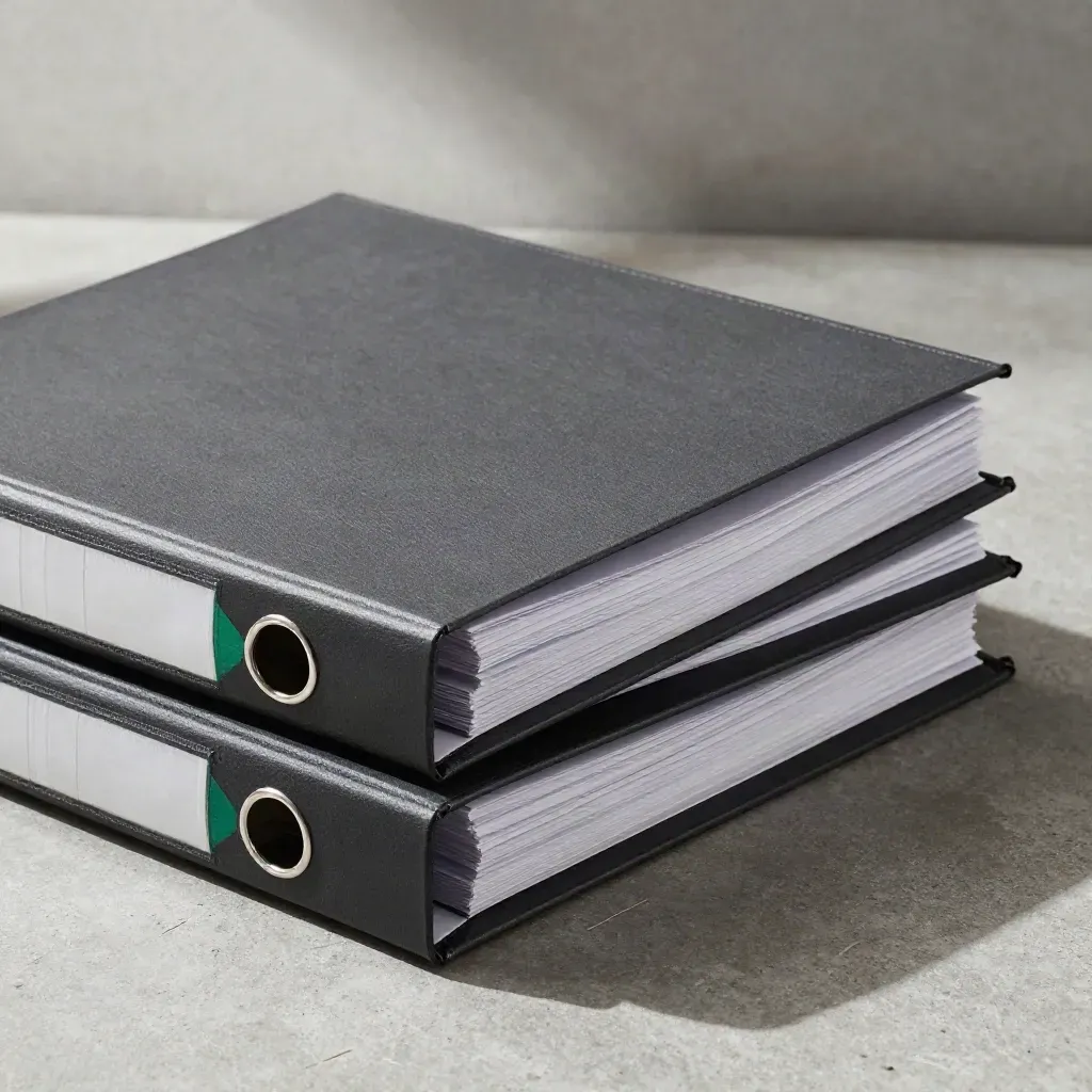 Closed report binders with metal clips and divider tabs on concrete