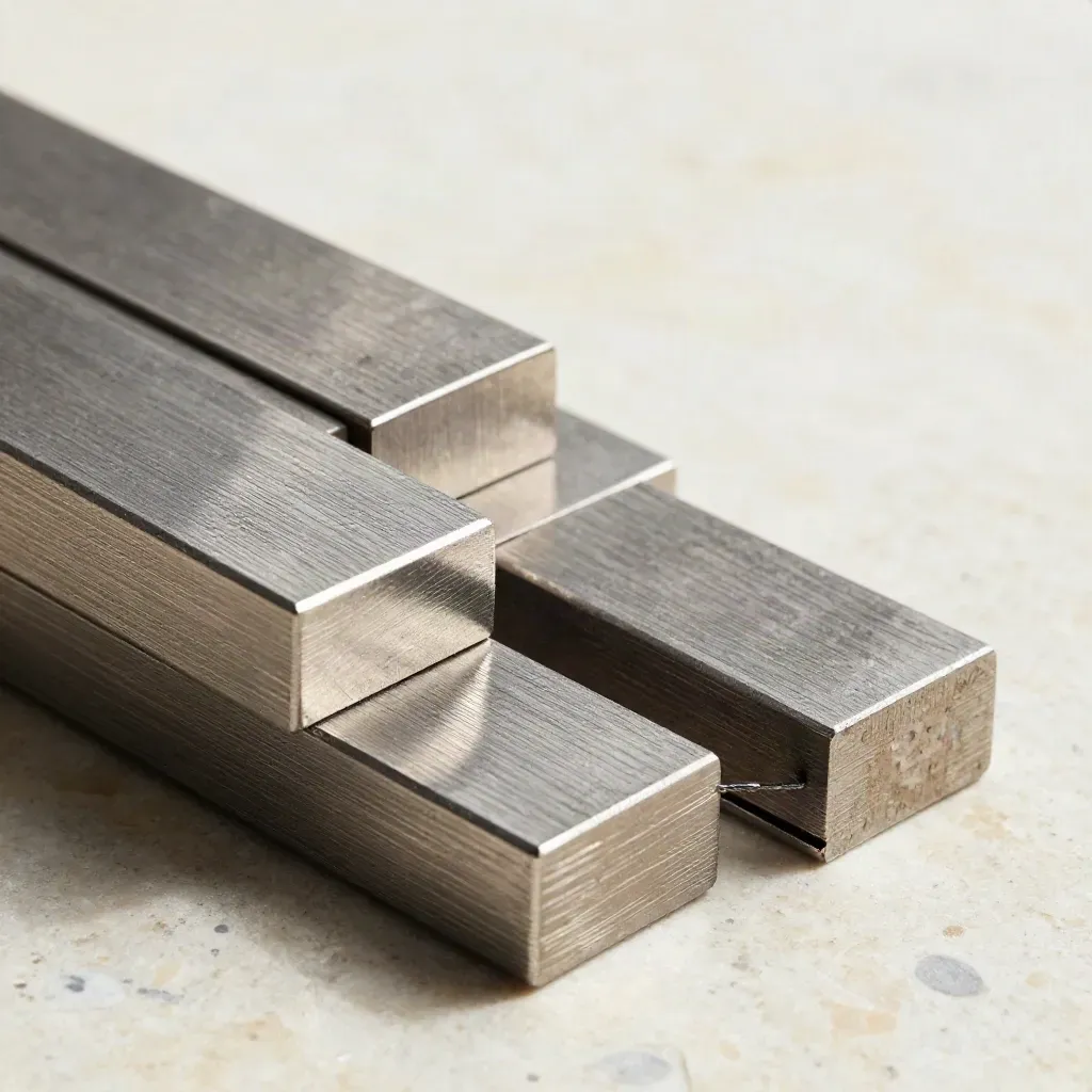 Brushed-metal stepping blocks on pale stone, the last one separated, with a tiny spring clip.