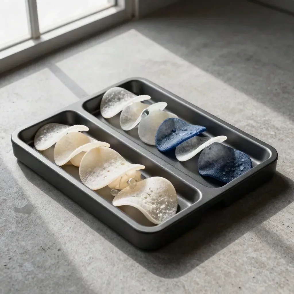 Top-down tray of translucent sample chips with graphite dividers and a glass weight