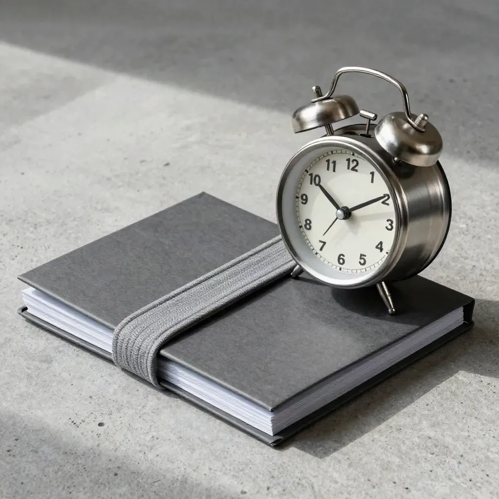 Alarm clock beside sealed report folders and a cable wrap on concrete, lit from upper left.