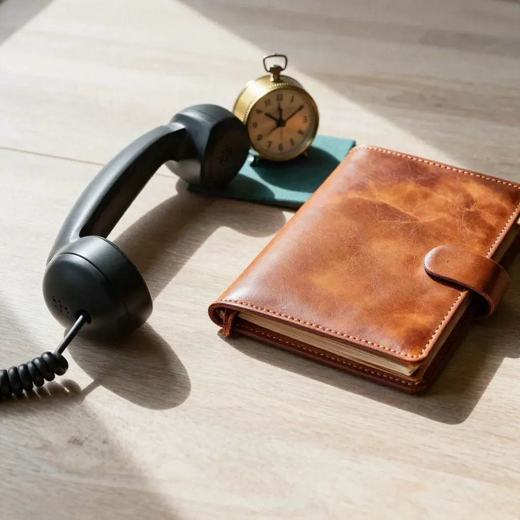 Leather portfolio, desk handset, and brass timer on pale wood in a low close-up.