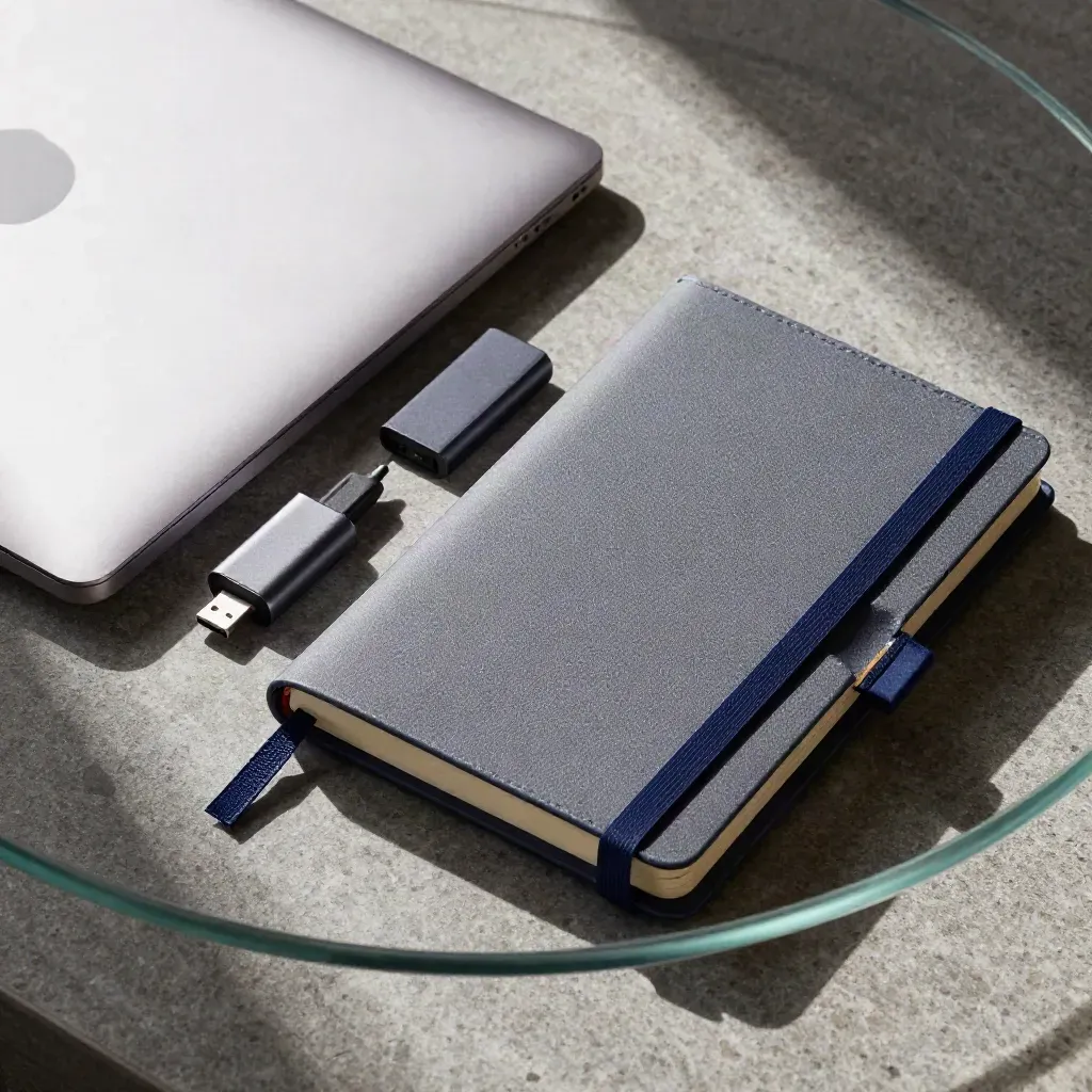 Top-down founder kit still life with closed laptop, prototype shell, notebook and USB-C adapter on stone.