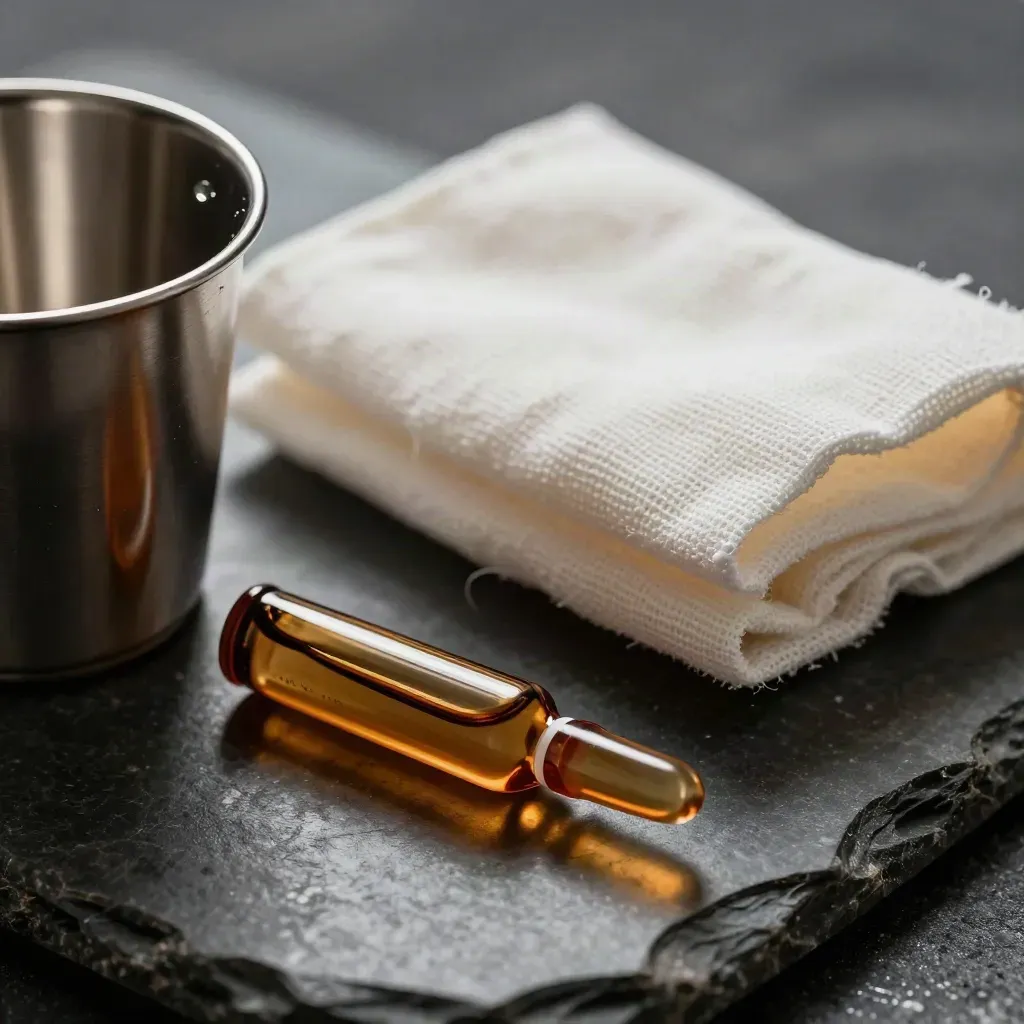 Stainless medicine cup, gauze, and amber ampoules on dark stone in soft macro light.