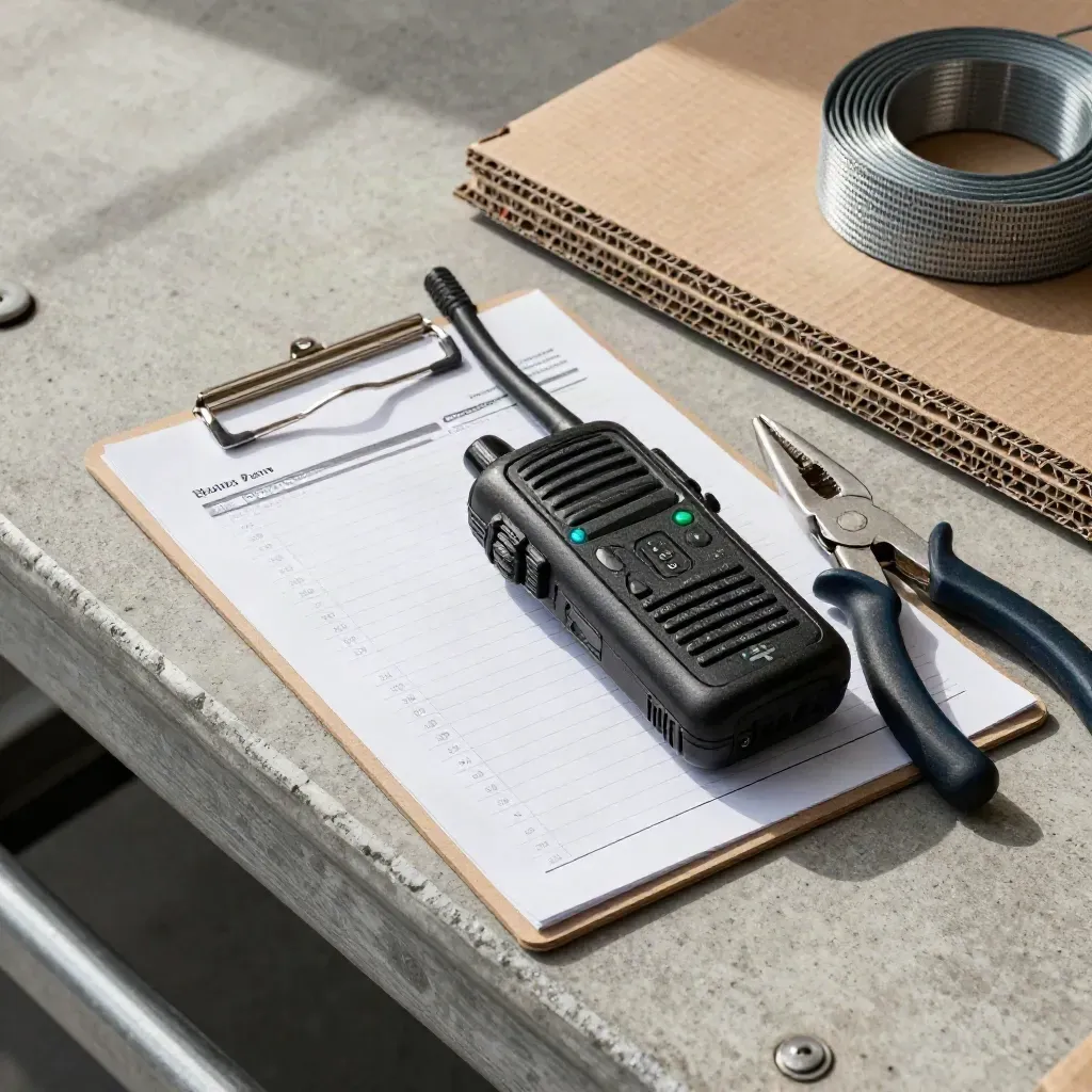 Warehouse radio, sealing plier, and clipboard on concrete in soft daylight, overhead view.