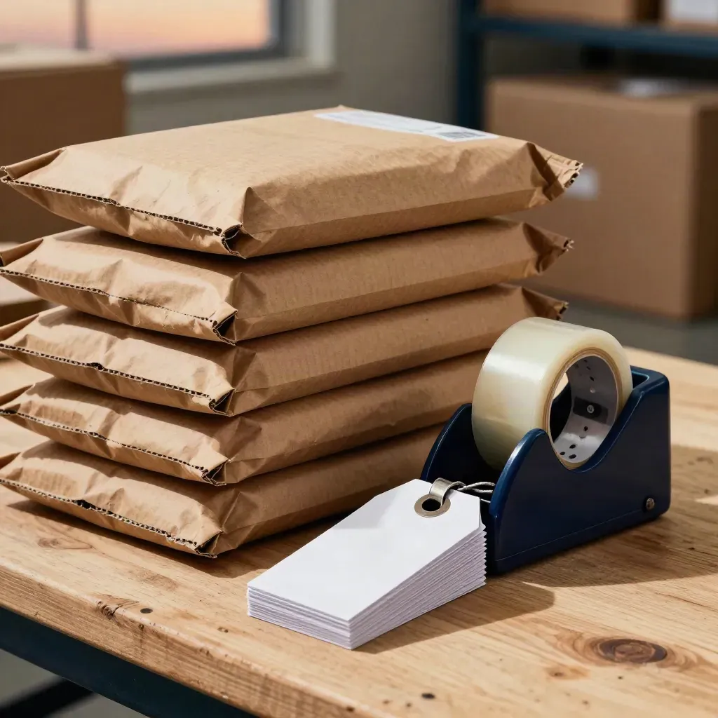 Kraft mailers, tape dispenser, and face-down shipping tags on a wood bench in dramatic warehouse light.