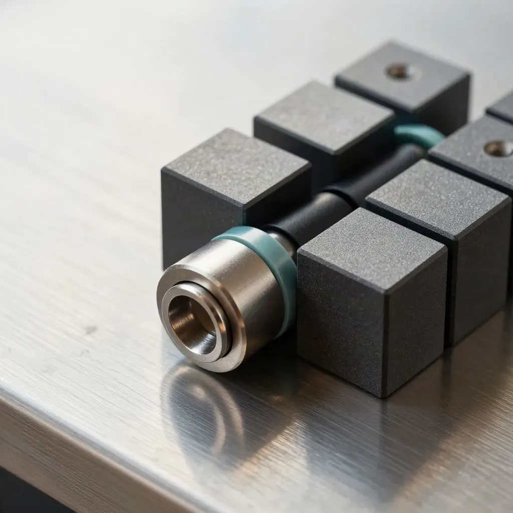 Connector blocks joined by a rubber coupler and ring clips on brushed steel.