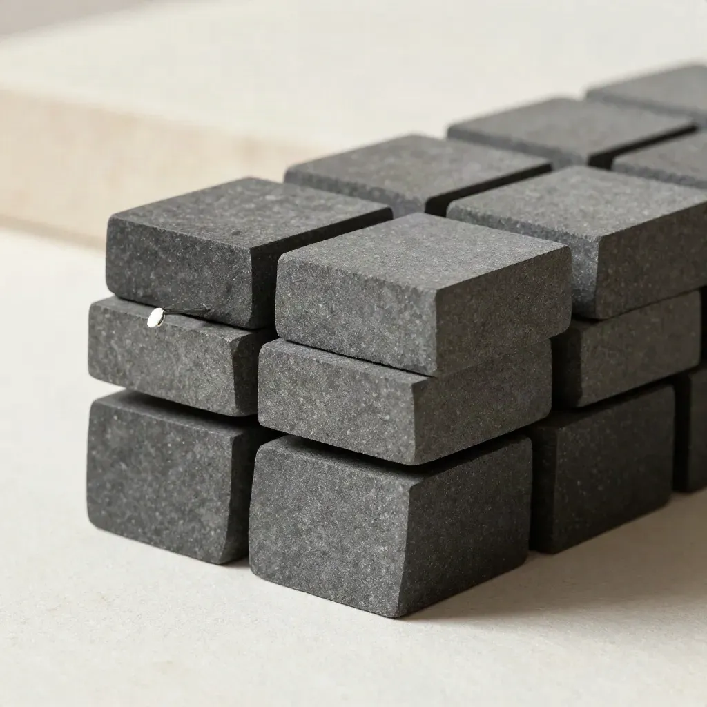 Graphite and stone modular blocks with dovetail edges and an alignment pin on pale plaster.