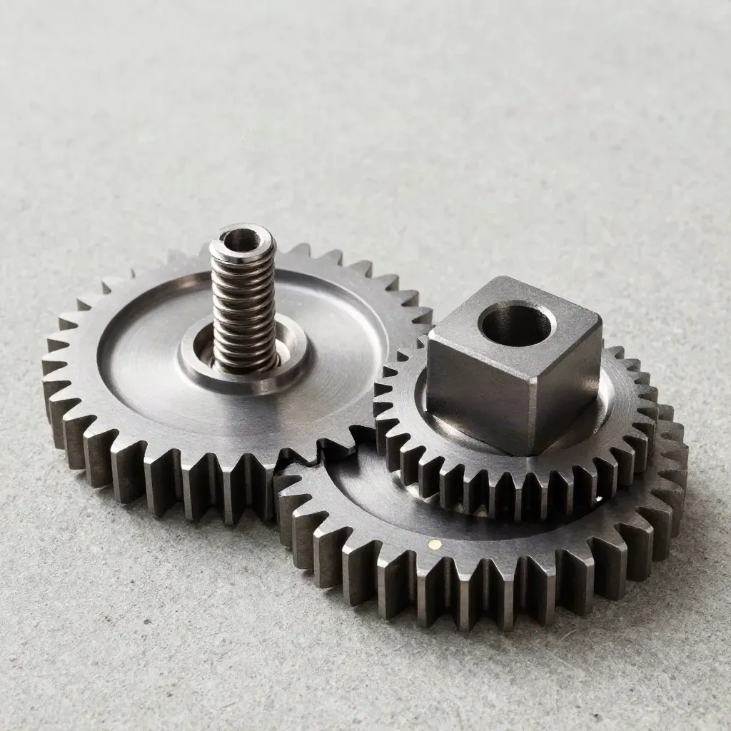 Top-down still life of machined gear plates, spring pins, and a spacer block on concrete.