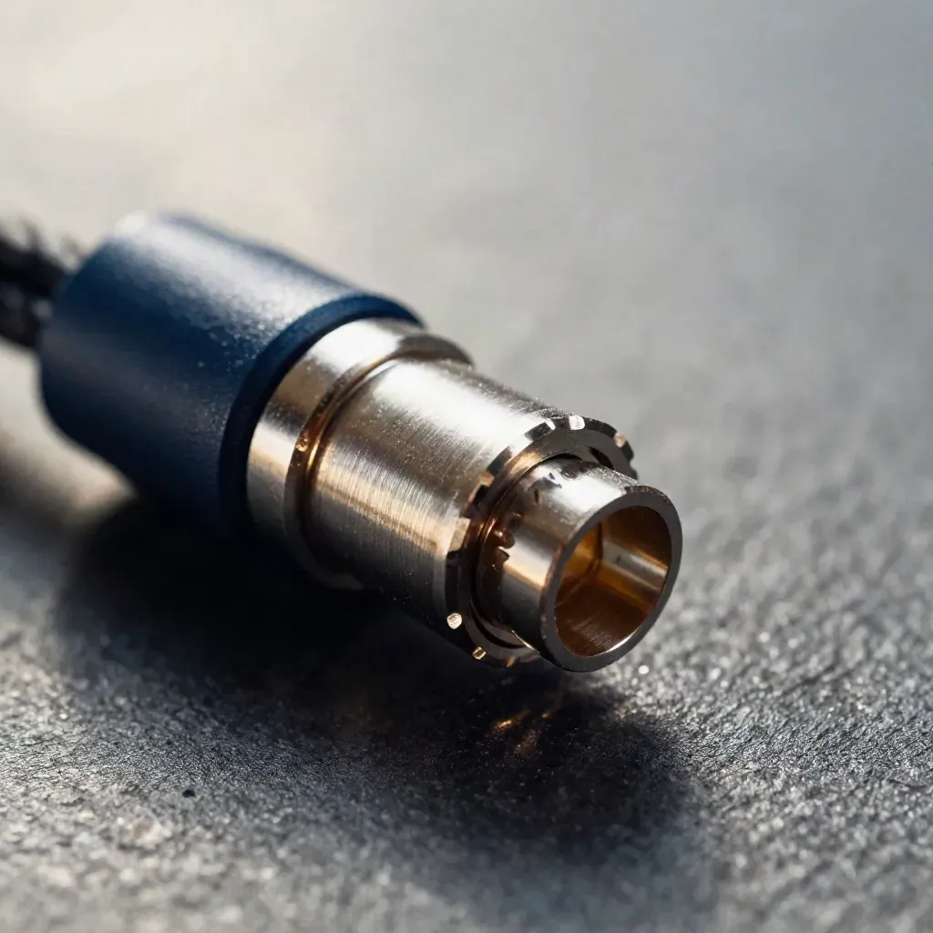 Macro of polished connector rings and a braided cable end on brushed metal, lit from upper left.