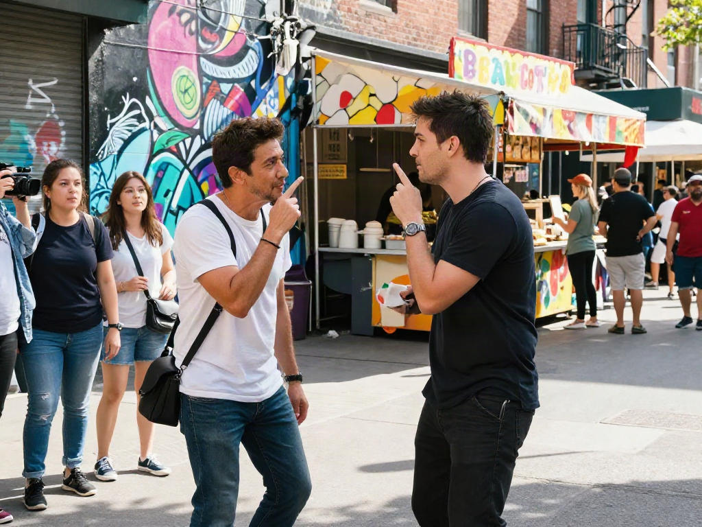 Two individuals who look like celebrities laughing and comparing their looks in a vibrant urban street setting.